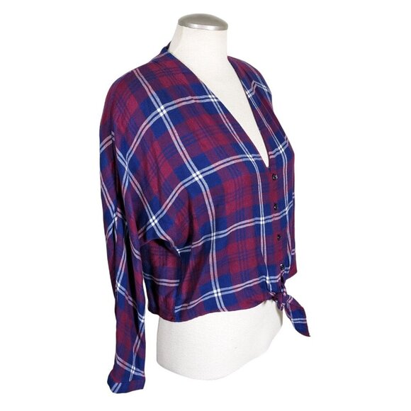 Rails Sloane Plaid Cropped Top Womens S Red Blue Tie Front Dolman Sleeve - Picture 4 of 8